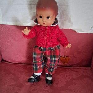 Adorable Red Sweater Doll with Plaid Pants